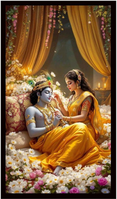 Dekozi DEKOZI Radha Krishna Divine Romance Wall Frame – Luxurious Floral Art Print Digital Reprint 18 inch x 24 inch Painting(With Frame)