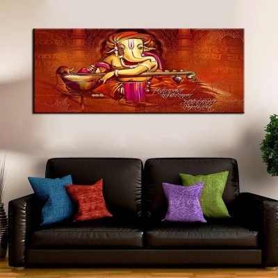 Dekorstation Beautiful Lord Ganesha Playing Veena Wood Framed Canvas Wall Decorative Painting Canvas 48 inch x 24 inch Painting(With Frame)