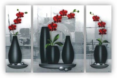 Khatu Crafts Black Flower Vase Painting Digital Reprint 12 inch x 18 inch Painting(Without Frame, Pack of 3)