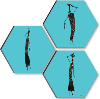 saf Set of 3 Hexagon Tribal Women Abstract Art MDF Wall Painting | UV Textured Digital Reprint 17 inch x 17 inch Painting(Without Frame, Pack of 3)