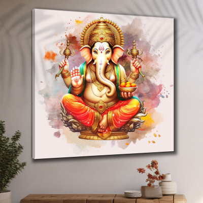 saf Wooden Framed Lord Ganesha Canvas Wall Painting for Home Décor and Office Digital Reprint 20 inch x 20 inch Painting(With Frame)
