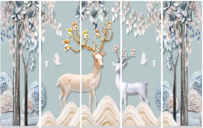 god & god's Beautiful Deer's in a Jungle Décor Set For Home Decoration Digital Reprint 30.48 cm x 152.4 cm Painting(With Frame, Pack of 5)