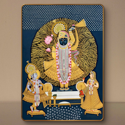 saf Shrinath ji Pichwai Sparkle Lamination Finished Surface Golden Slim Frame Digital Reprint 19.5 inch x 13.5 inch Painting(With Frame)