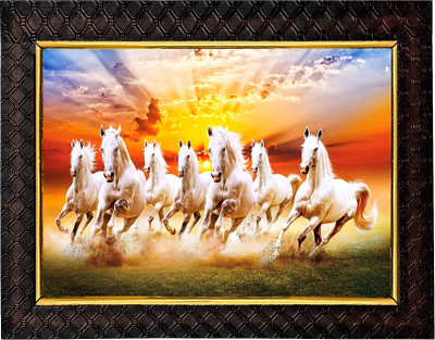 HAWAI Seven Runing Horses Vaastu Digial Print Photo with Frame for wall Decore Digital Reprint 13.5 inch x 10 inch Painting(With Frame)