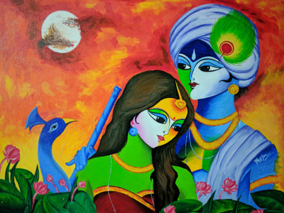 ANSHUL INTERNET CANVAS PAINTING RADHA KRISHNA 04 Canvas 48 inch x 24 inch Painting(Without Frame)