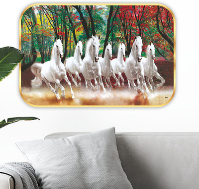 saf 7 Horses Large Sparkle Glossy Round Golden Framed Large Painting Digital Reprint 24 inch x 18 inch Painting(With Frame)