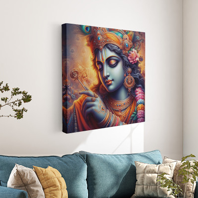 saf Wooden Framed God Krishna Canvas Wall decor Painting for Home and office Digital Reprint 23 inch x 23 inch Painting(With Frame)