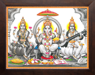 Artcoin Mata Lakshmi with Goddess Saraswati & Lord Ganesha Painting Frame. Digital Reprint 9 inch x 7 inch Painting(With Frame)