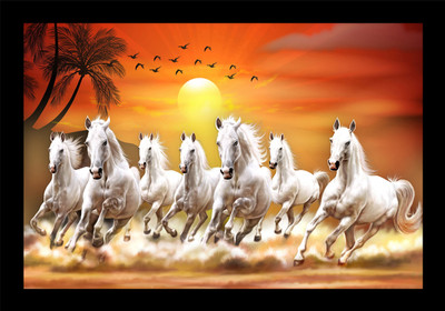 shivang craft 7 hourse with birds and tree painting_SNC Digital Reprint 14 inch x 20 inch Painting(With Frame)