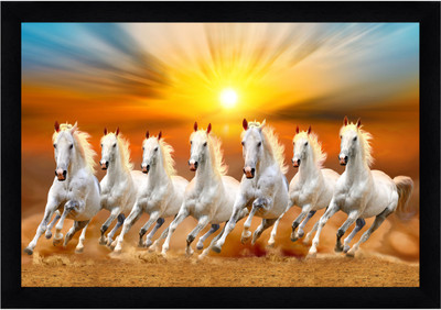 Indianara Vastu Lucky Seven Running Horses Painting Digital Reprint 13 inch x 10 inch Painting(With Frame)