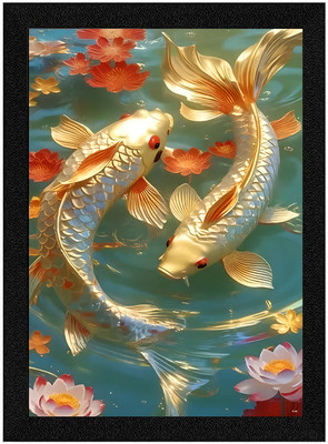 ASHIT Golden Harmony – Feng Shui 2 Lucky Fishes Wall Art (A4, Black Frame) Digital Reprint 14 inch x 10 inch Painting(With Frame)