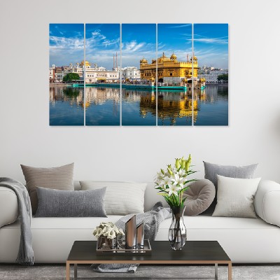 Dekorstation Multiple Frames Golden Temple Wall Painting for Wall Decor | dspnl507 Canvas 24 inch x 52 inch Painting(Without Frame)