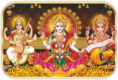 saf Laxmi Ganesha Saraswati Sparkle Glossy Round Golden Framed Painting Embossed 19.5 inch x 13.5 inch Painting(With Frame)