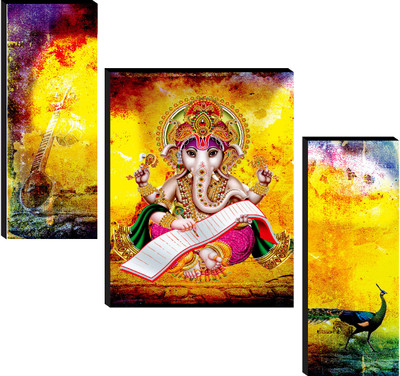 saf Ganesh Ji MDF Wall Paintings | Abstract Hindu God Art with Peacock & Veena Digital Reprint 12 inch x 20 inch Painting(Without Frame, Pack of 3)