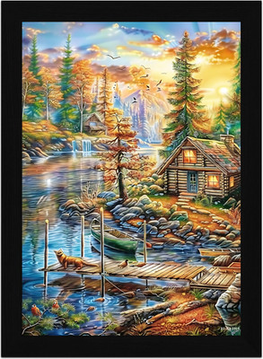 FRIZZY ARTS Lakeside Autumn Serenity A4 Digital Reprint 13 inch x 10 inch Painting(With Frame)