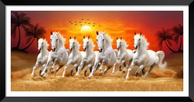 DBrush 7 running white horses at sunrise laminated coated photo frame for wall decor Digital Reprint 14 inch x 26 inch Painting(With Frame)