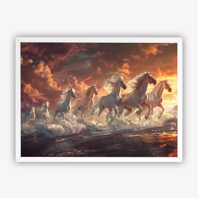DECO THE HOME 7 White Horses Vastu Art Frame | Running Horses Wall Painting for Home Digital Reprint 16 inch x 12 inch Painting(With Frame)