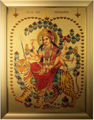 Anaadi Maa Durga | Maa Sherawali Thick Paper Golden Glitter Print Wall Décor Painting Digital Reprint 12 inch x 18 inch Painting(With Frame)