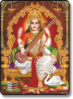 saf Saraswati UV Textured Multi-Effect Painting Digital Reprint 13 inch x 11 inch Painting(With Frame)