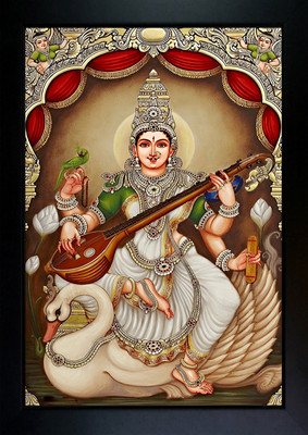 CrowdHall Saraswati Mata Photo Frame | Saraswati Maa Photo Digital Reprint 13.5 inch x 10 inch Painting(With Frame)