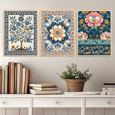 Mmory Floral Wall Art Home Decor Wall Painting For Living Room Office Bedroom Digital Reprint 17 inch x 13 inch Painting(With Frame, Pack of 3)