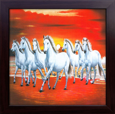 Artcoin Auspicious Seven Running Horses Wall Frame, Sparkle Coated Decor Frame. Digital Reprint 12 inch x 12 inch Painting(With Frame)