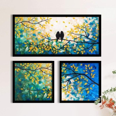 Painting Mantra Wall Hanging Art Print Sitting Love Birds Floral Framed Poster for Home Decor Digital Reprint 19 inch x 19.5 inch Painting(With Frame, Pack of 3)