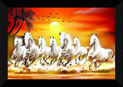 HOUSE OF COMMON Lucky Seven Running Horses Vastu UV Matt Textured Framed Digital Reprint 10.9 inch x 14 inch Painting(With Frame)