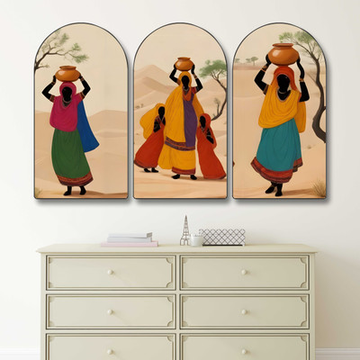 saf Traditional Rajasthani Village Women Premium Sparkle lamination Black frame Digital Reprint 50.1 inch x 30.1 inch Painting(With Frame, Pack of 3)