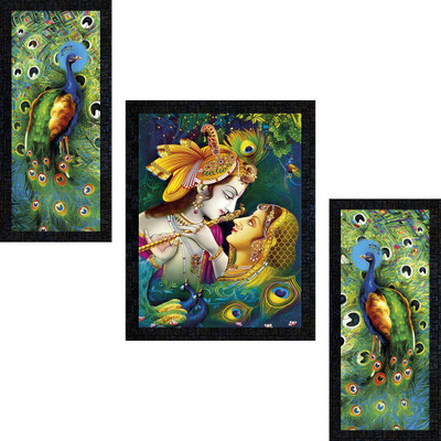 Poster N Frames Love Couple Radha Krishna Set of 3 with Acrylic Sheet (Glass) painting-0900 Digital Reprint 14 inch x 22 inch Painting(With Frame, Pack of 3)