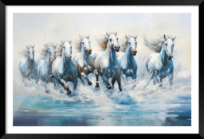 DBrush 7 running horses on water blue theme picture with original glass wall framed Digital Reprint 20 inch x 14 inch Painting(With Frame)