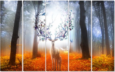 god & god's Beautiful Deer in Jungle Décor Set For Home Decoration Digital Reprint 30.48 cm x 152.4 cm Painting(With Frame, Pack of 5)