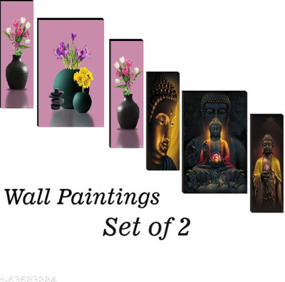 HALRE Pack of 2 Flower Pots With Lord Buddha Digital Reprint 12 inch x 18 inch Painting(Without Frame, Pack of 2)