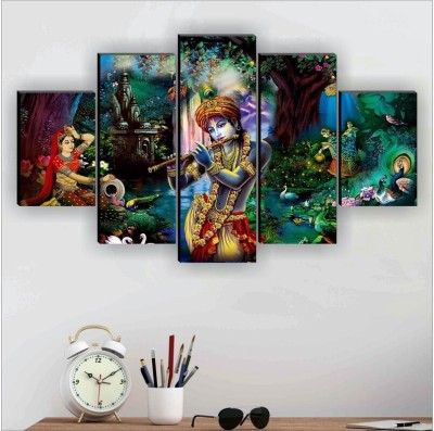 SNDArt Set Of 5 Radha Krishna Wall Paintings For Living Room Digital Reprint 18 inch x 30 inch Painting(Without Frame, Pack of 5)