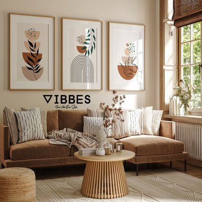 VIBBES Modern Botanical Wall Art Set of 3 | Abstract Line Drawing Prints | Wood Frames Digital Reprint 20 inch x 14 inch Painting(With Frame, Pack of 3)