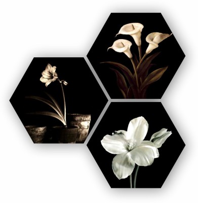 Khatu Crafts White Lily Flower set of 3 Panel Painting Pack of 3(15 inch X 15 inch, Multicolor)