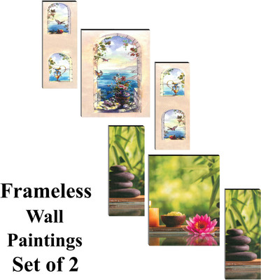 Indianara Combo - Set of 3 Flower & Sea Self Adhesive Paintings Digital Reprint 18 inch x 12 inch Painting(Without Frame, Pack of 6)