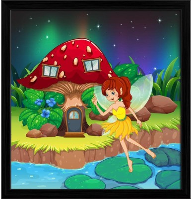 Artzfolio Fairy Near The Red Mushroom House Canvas Painting Black Frame 20x21inch Canvas 21 inch x 20 inch Painting(With Frame)