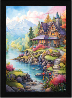 FRIZZY ARTS Storybook Cottage by the Stream A4 Digital Reprint 13 inch x 10 inch Painting(With Frame)