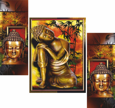 WALLMAX Set of 3 Buddha Painting Wall Decorative Gift Item Digital Reprint 12 inch x 18 inch Painting(With Frame, Pack of 3)
