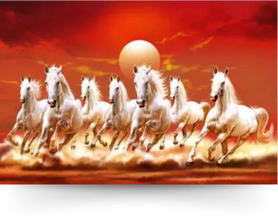 Masstone Vastu Seven Running Horses Sparkle Coated Self Adhesive Painting Without Frame Digital Reprint 24 inch x 36 inch Painting(Without Frame)