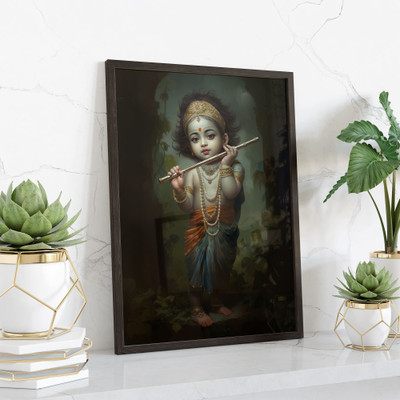 DECO THE HOME Lord Krishna Wall Art Framed Painting for Home and Office Decor Digital Reprint 12 inch x 9 inch Painting(With Frame)
