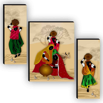 saf Traditional Rajasthani Village Women Art | Cultural Wall Decor | Ethnic Painting Digital Reprint 12 inch x 20 inch Painting(Without Frame, Pack of 3)