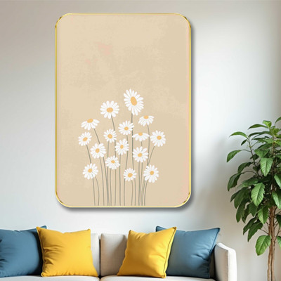 Aartify Minimalist Daisy Flower Wall Art with Golden Frame | Beige Background Floral Digital Reprint 19.5 inch x 13.5 inch Painting(With Frame)