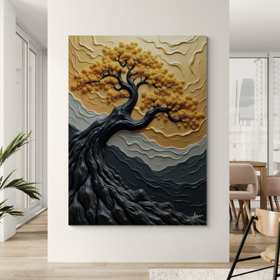 Artfluence modern abstract lucky tree vastu painting, golden canvas for wall decoration 3D Painting 16.5 inch x 11.7 inch Painting(With Frame)