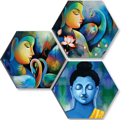 saf Radha Krishna Set OF 3 Hexagon UV Textured Self adhesive Wall Painting Digital Reprint 17 inch x 17 inch Painting(Without Frame, Pack of 3)