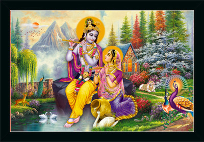 Dharvika Innovations Radha krishna photo frame with sparkle coated lamination Digital Reprint 20 inch x 14 inch Painting(With Frame)