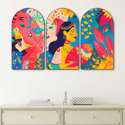 saf Abstract Indian Woman Wall Art | Vibrant Cultural Theme Decorative Wall Hanging Digital Reprint 20 inch x 30 inch Painting(With Frame, Pack of 3)