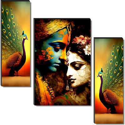 saf Set of 3 Radha Krishna Religious UV Textured Painting Digital Reprint 18 inch x 12 inch Painting(Without Frame, Pack of 3)