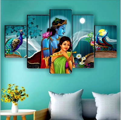 SNDArt Set Of 5 Modern Art Radha Krishna Paintings For Living Room Digital Reprint 18 inch x 30 inch Painting(Without Frame, Pack of 5)
